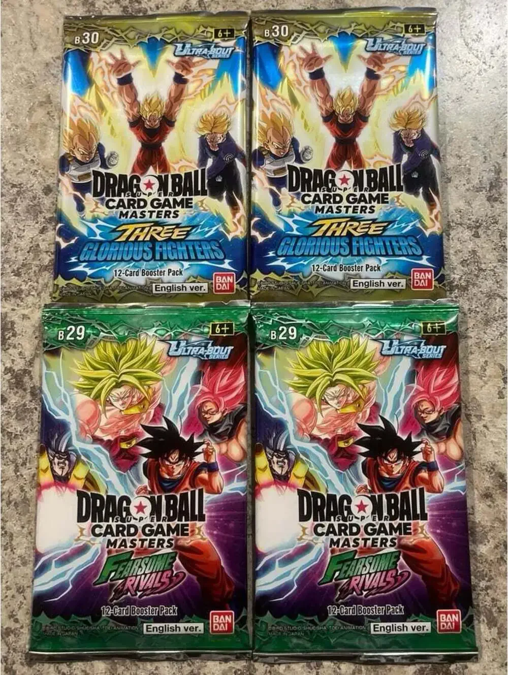 4x Dragon Ball Super TCG Fearsome Rivals/Three Glorious Fighters Booster Packs